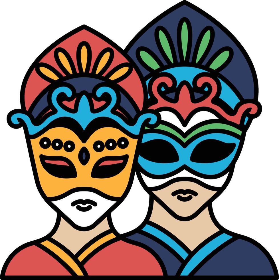 Two people wearing masks with colorful designs vector