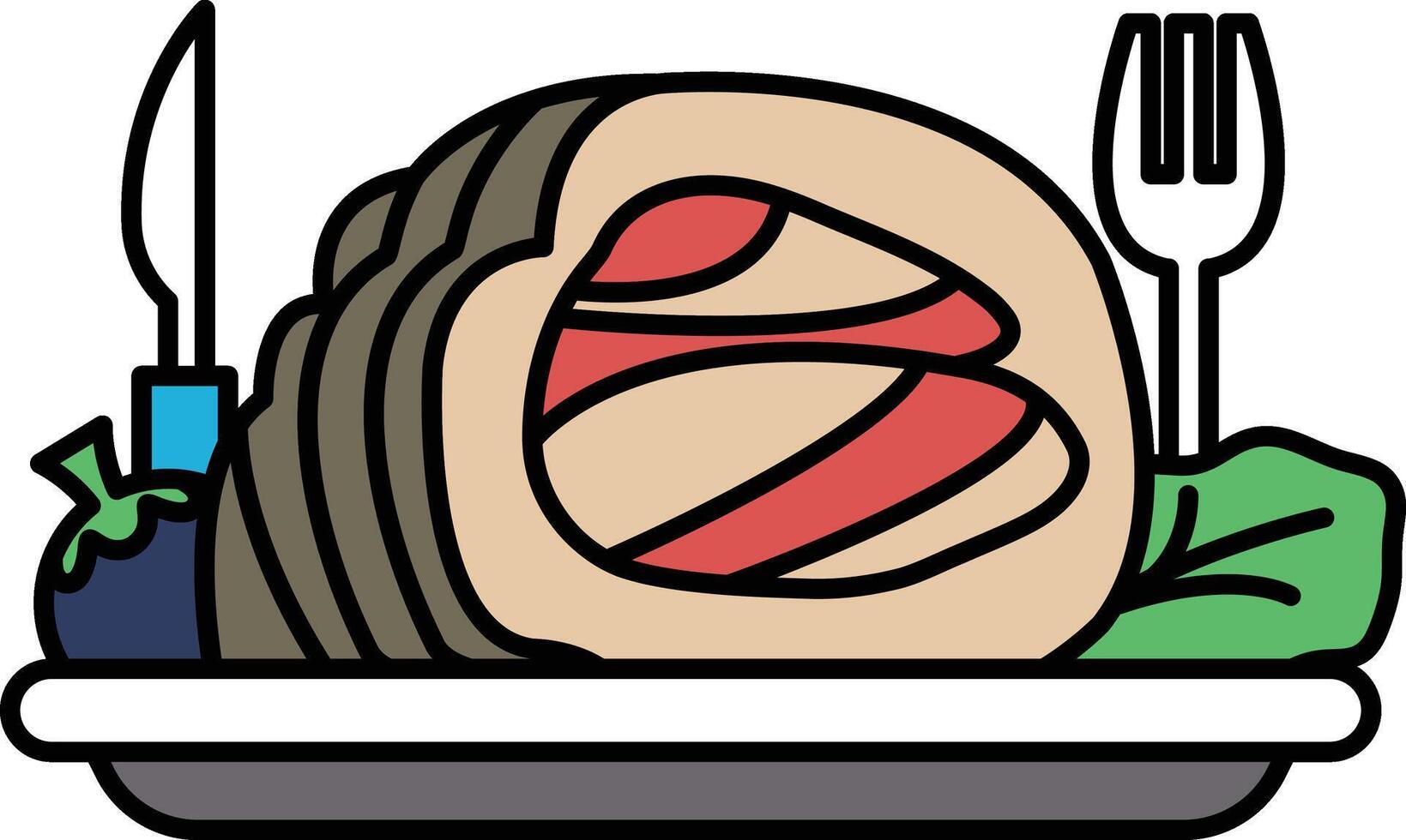 A cartoon drawing of a meatloaf with a fork and knife on a white plate vector