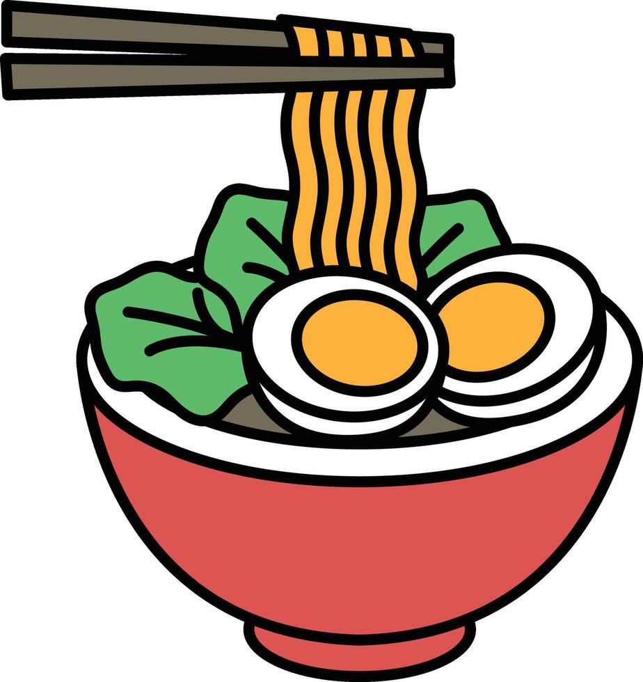 A cartoon drawing of a bowl of ramen noodles with eggs and green vegetables vector