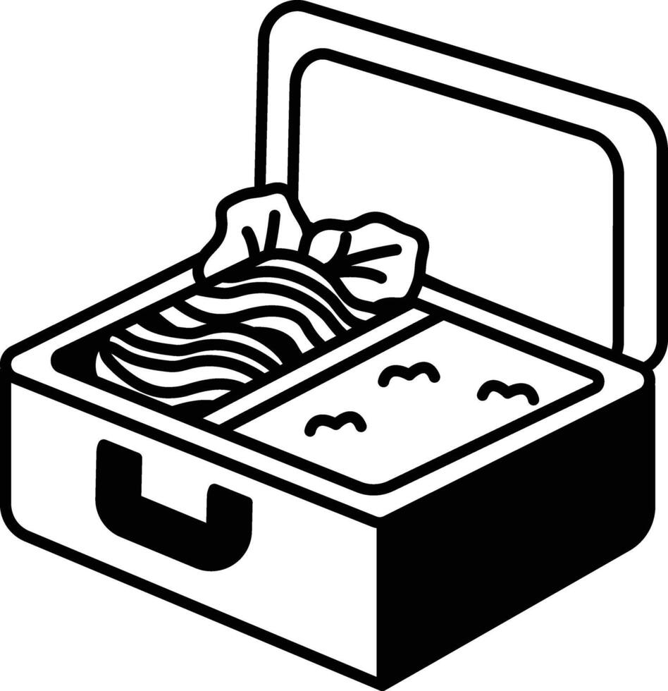 A cartoonish illustration of a lunch box with a sandwich and a salad inside vector