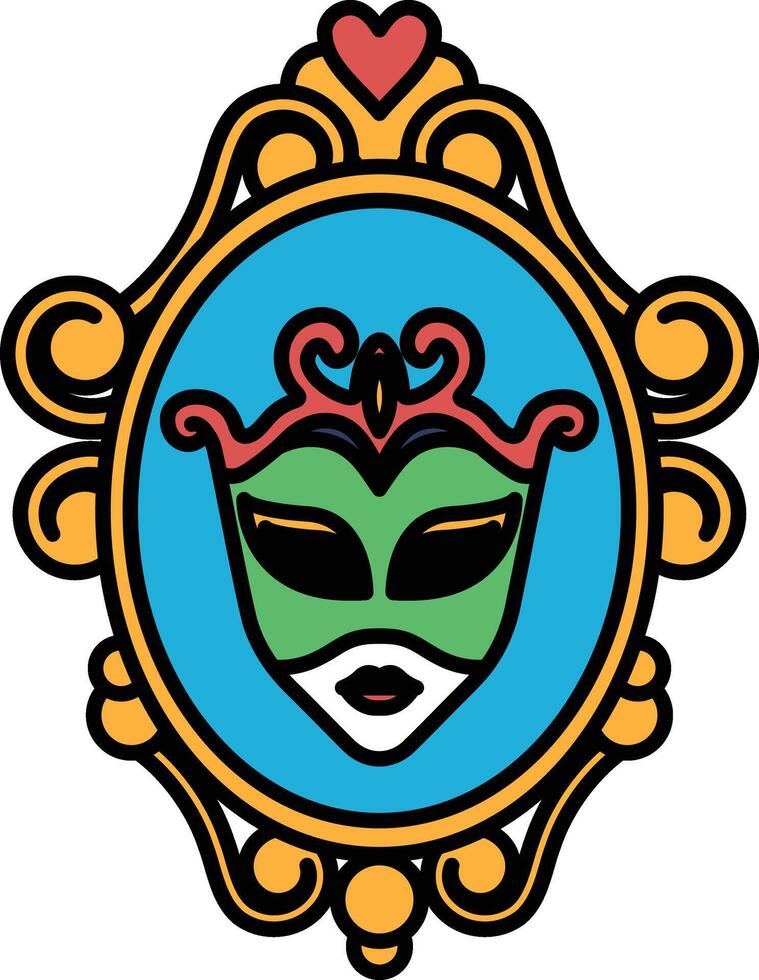 A mask with a green and red face is shown in a frame vector