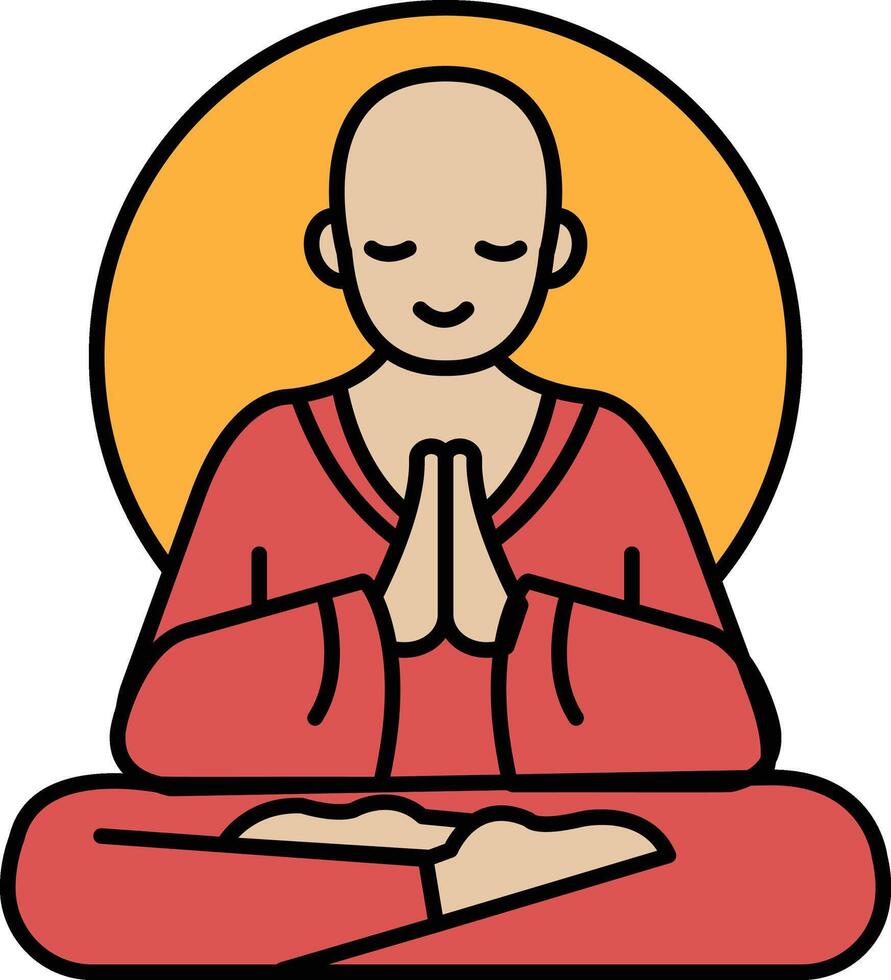 A man in a red robe is sitting cross legged and making a peace sign vector