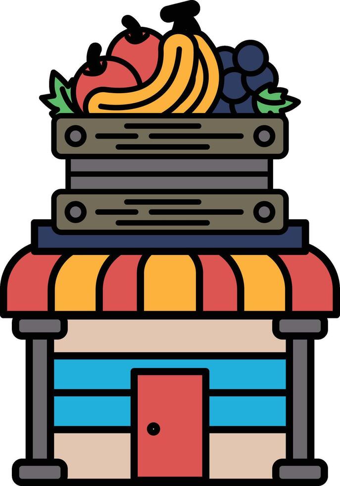 A cartoon drawing of a fruit stand with a red and yellow awning vector