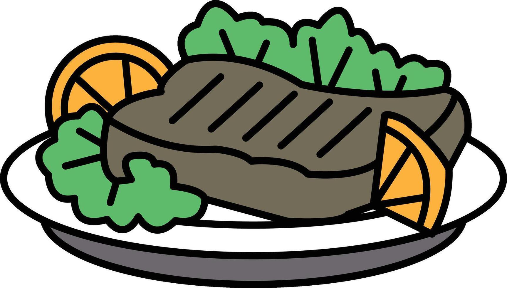 A plate of food with a piece of meat and a few slices of orange vector