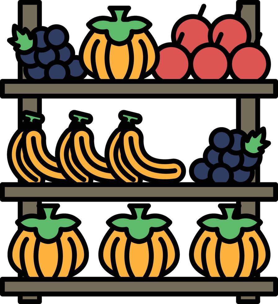 A shelf of fruit and vegetables including bananas, apples, grapes, and pumpkins vector