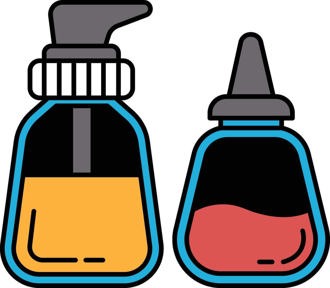 Two bottles of liquid, one orange and one red, with a blue cap vector