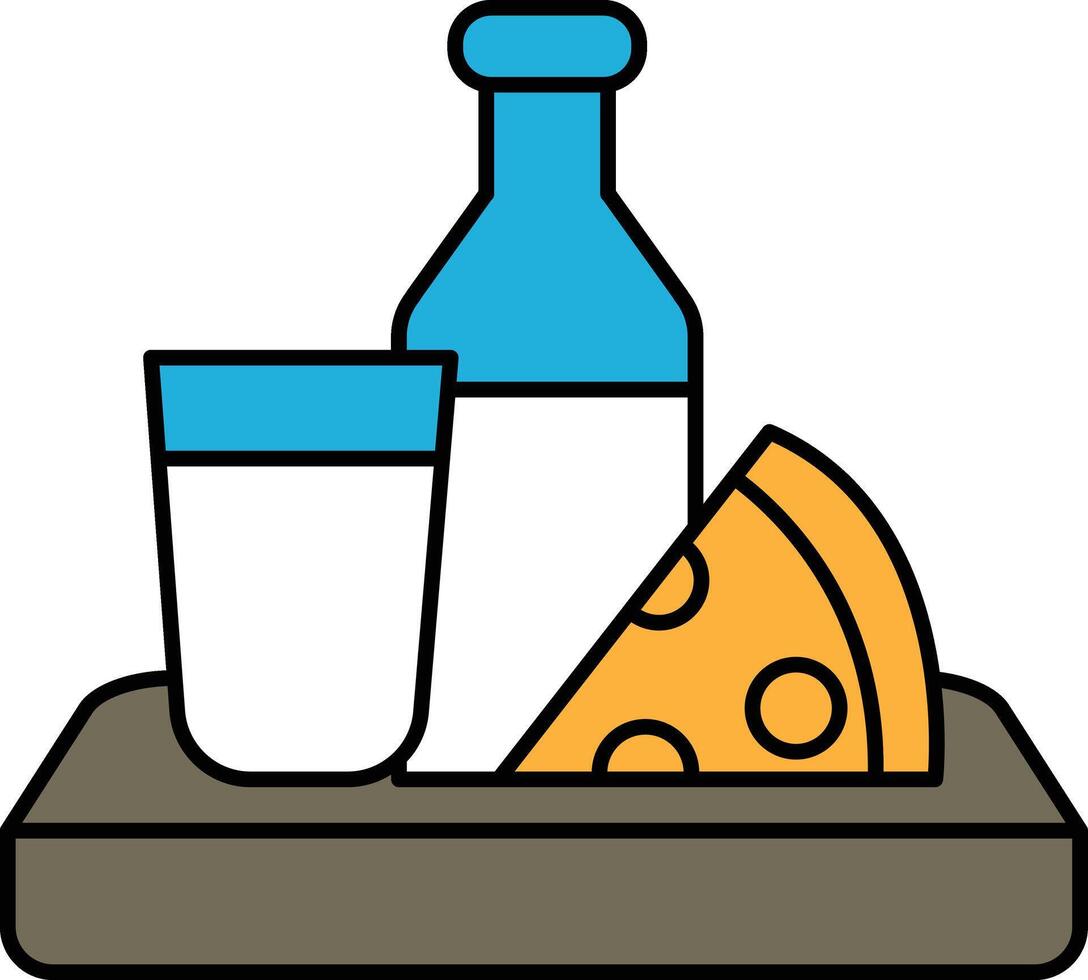 A tray with a glass of milk, a slice of cheese pizza, and a bottle of milk vector