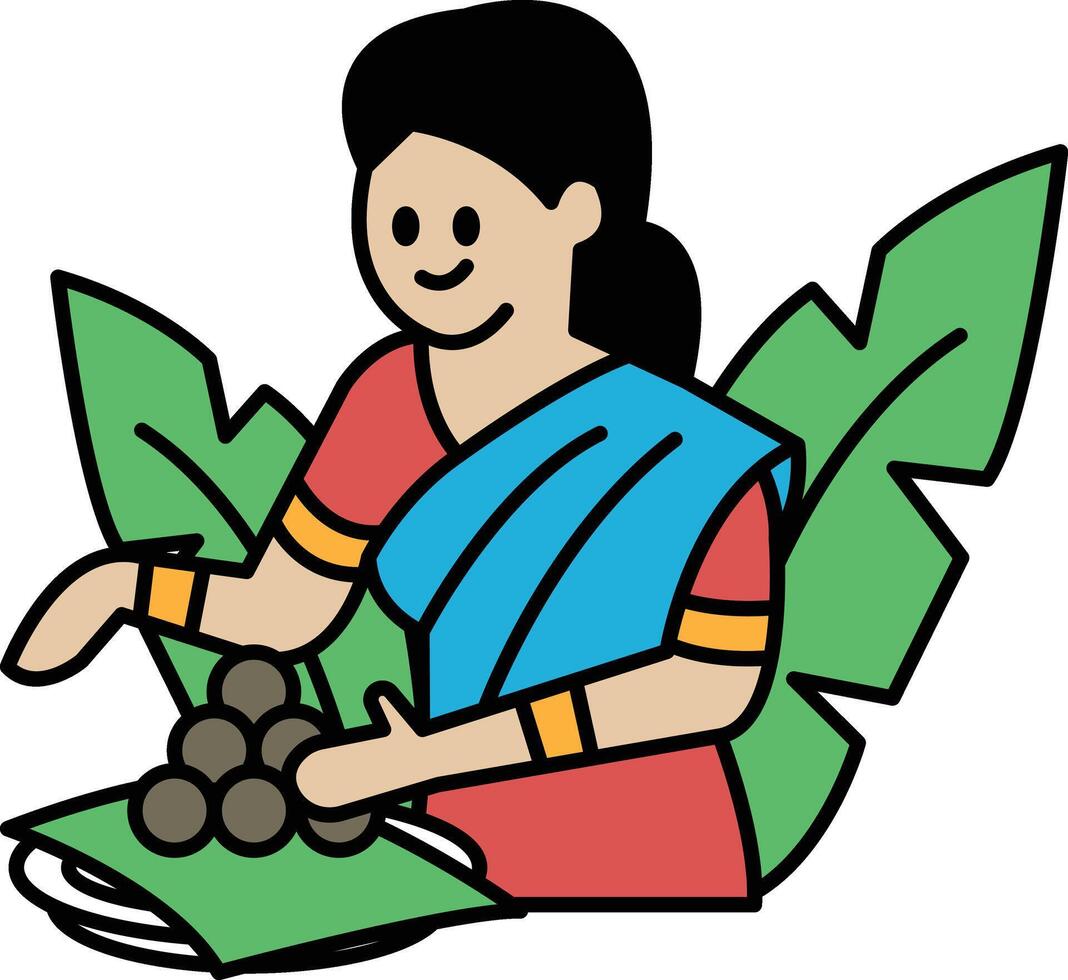 A woman is shown in a drawing, wearing a blue sari and holding a plate of food vector