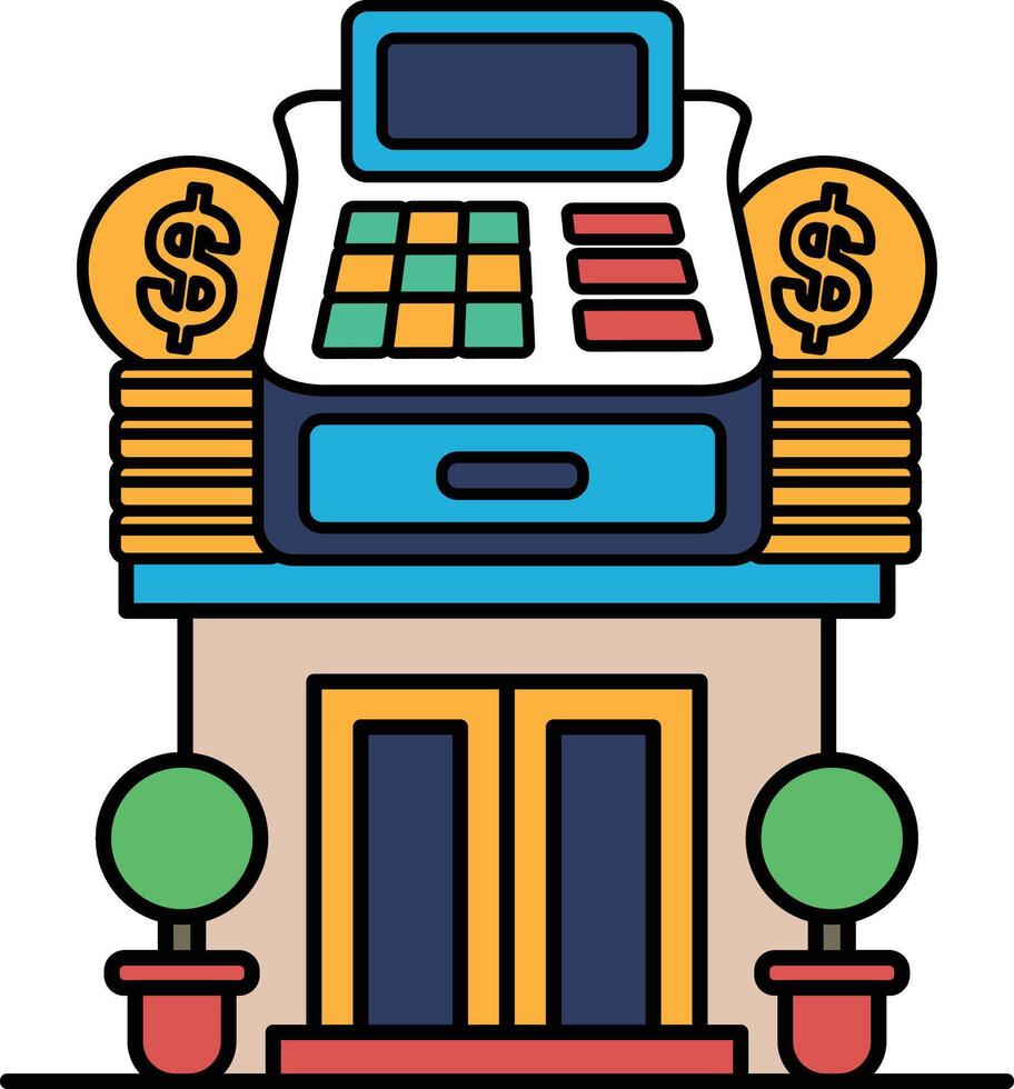 A building with a cash register on top and a pile of coins on the counter vector
