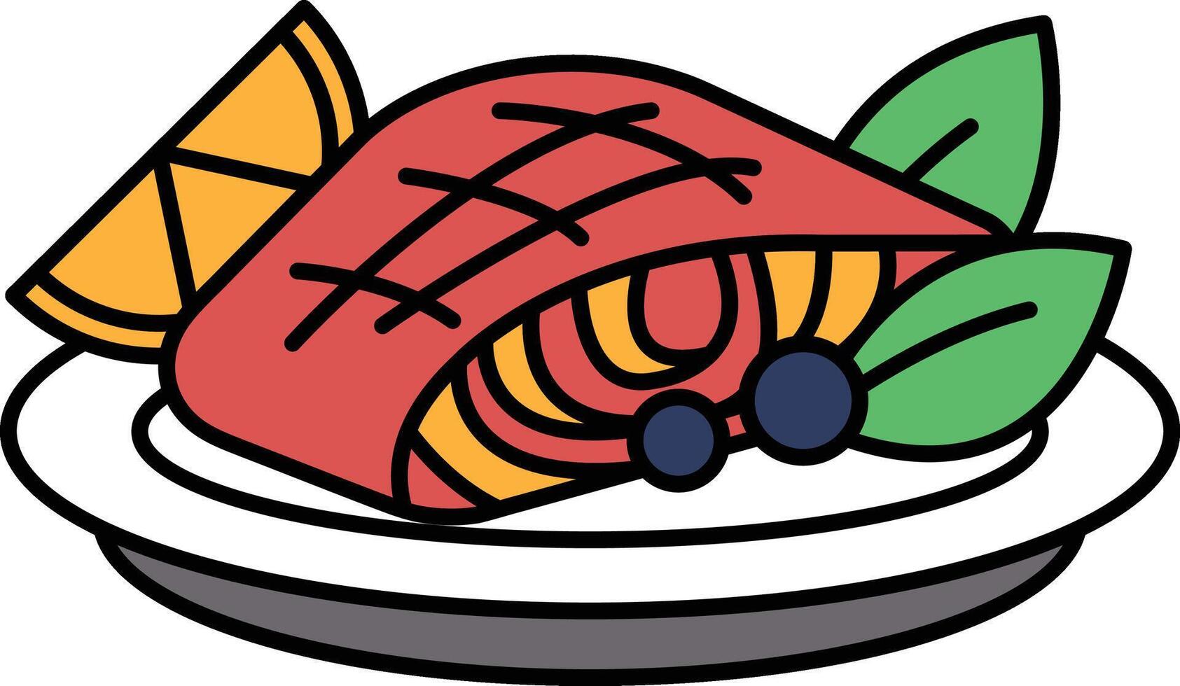 A plate of food with a piece of salmon and an orange slice vector
