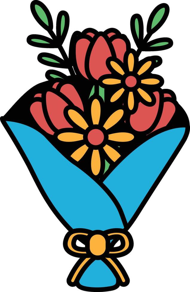A bouquet of flowers is wrapped in a blue cloth vector