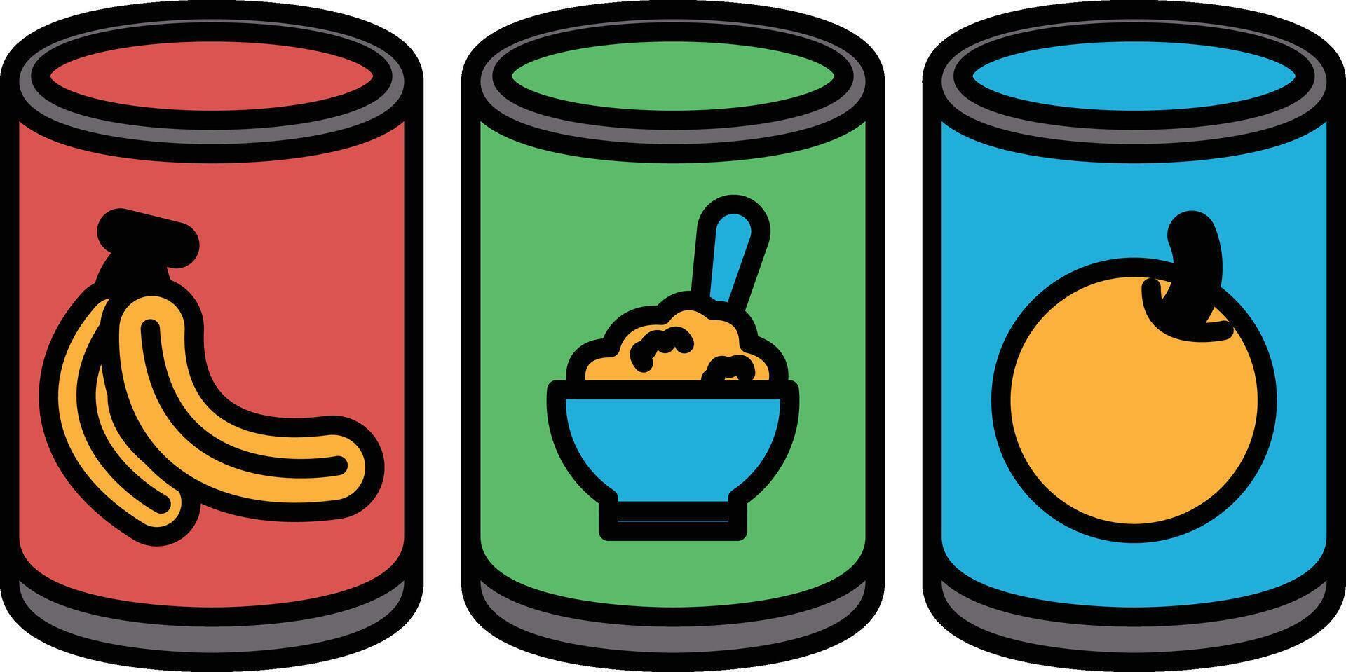 Three cans of food, one of which is a can of bananas vector