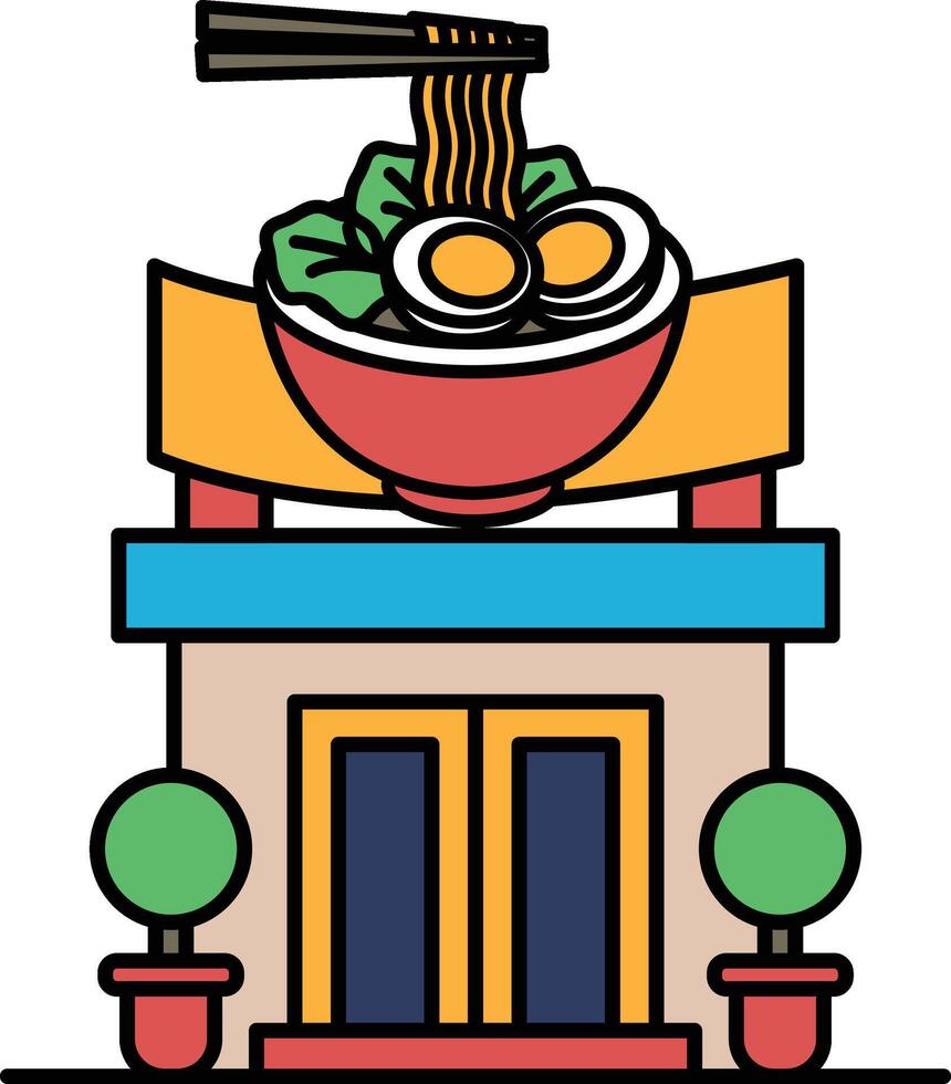 A cartoon drawing of a restaurant with a bowl of noodles on top of it vector
