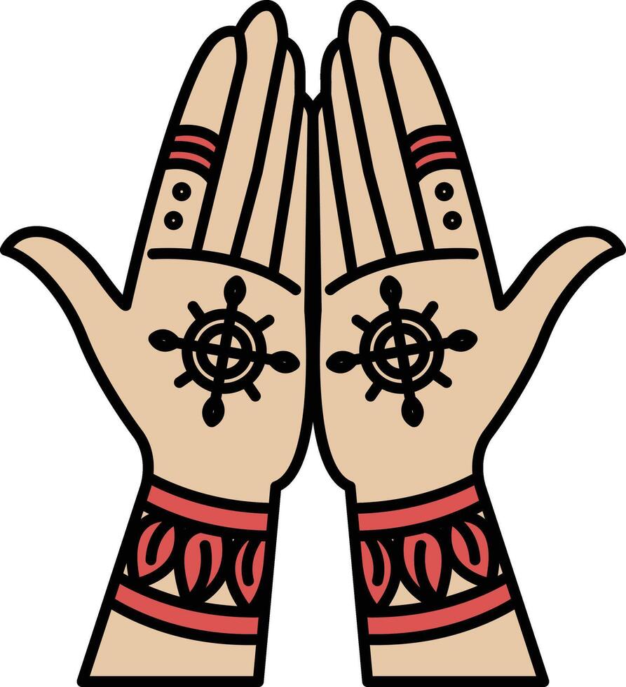 The hand drawing is of two hands with a cross and a wheel on them vector