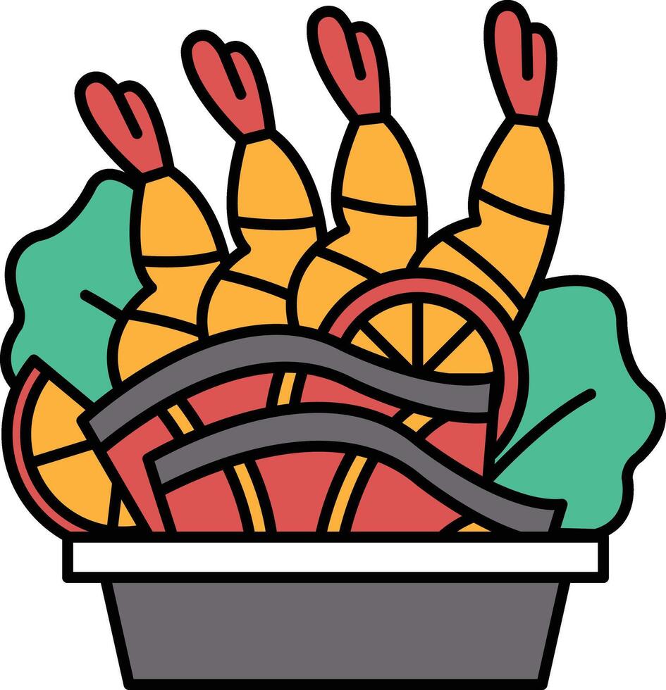 A cartoonish drawing of a bowl of food with shrimp, lettuce, and an orange vector