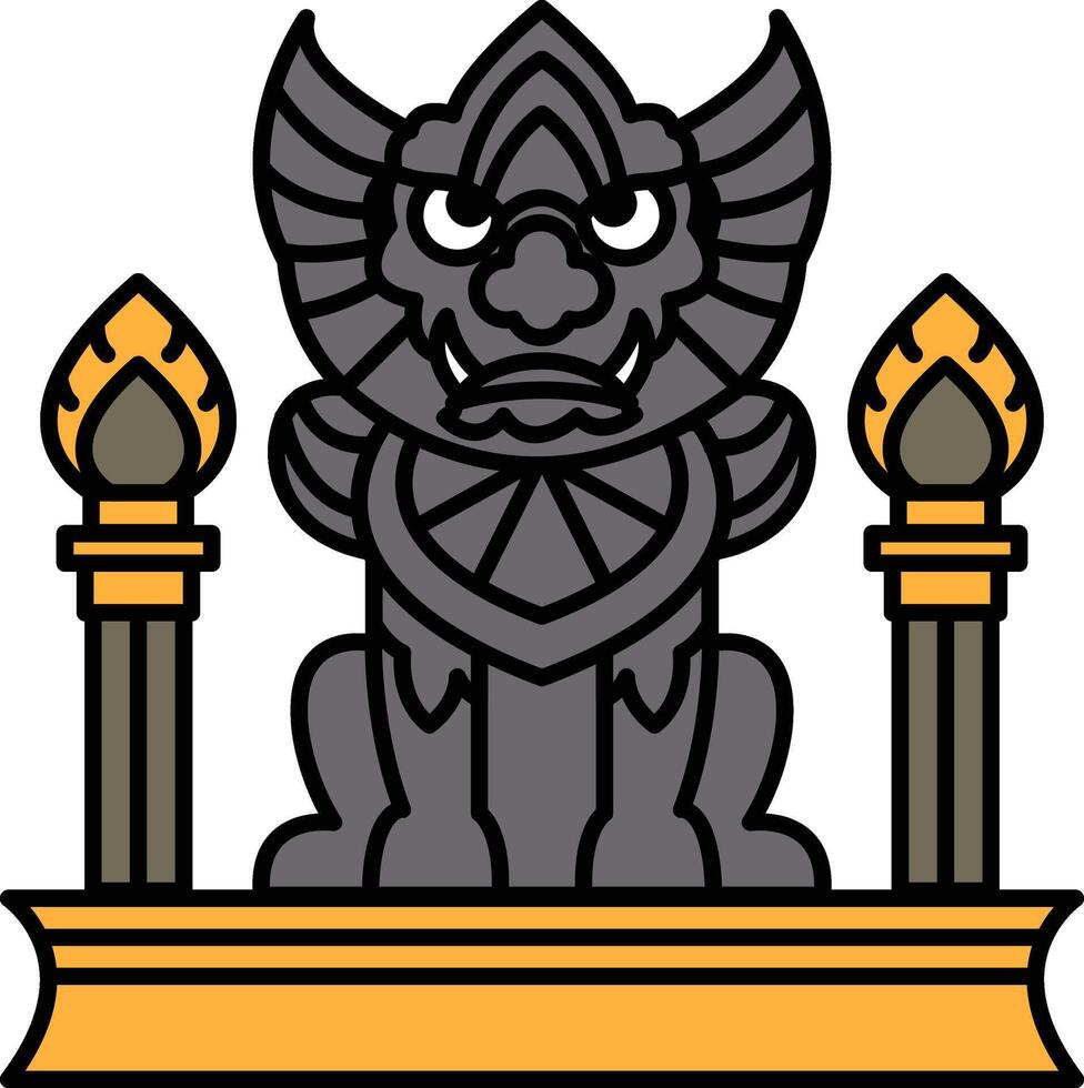 A statue of a dragon with a menacing look on its face stands in front of two lit vector
