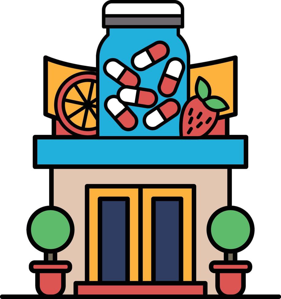 A cartoon drawing of a building with a blue jar on the roof vector
