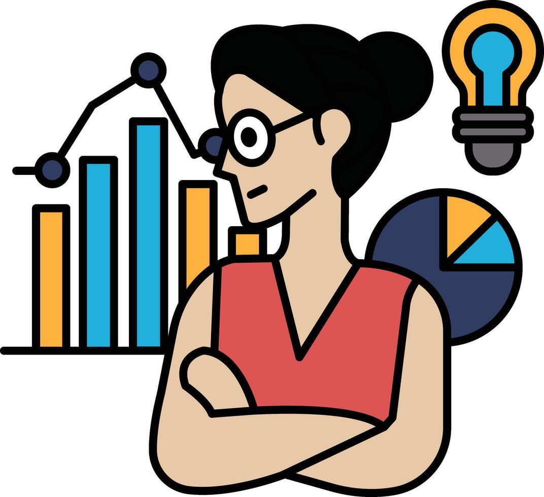 A woman in a red shirt is looking at a graph vector