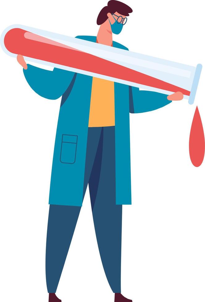Scientist wearing a face mask and glasses is carefully pouring red liquid from an oversized test tube, conducting research or an experiment in a laboratory setting vector