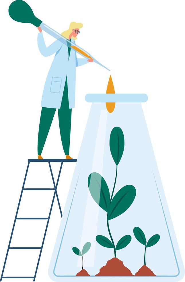 Scientist standing on a ladder adding liquid with a dropper to a beaker with plants growing inside, representing research, science, and growth vector
