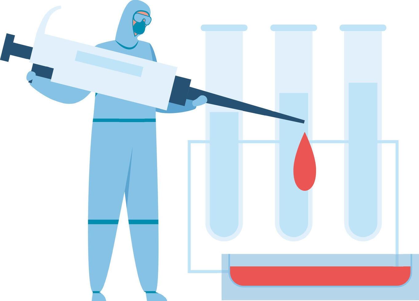 Scientist wearing hazmat suit dropping blood sample into test tube using a giant syringe, doing scientific experiment in laboratory vector