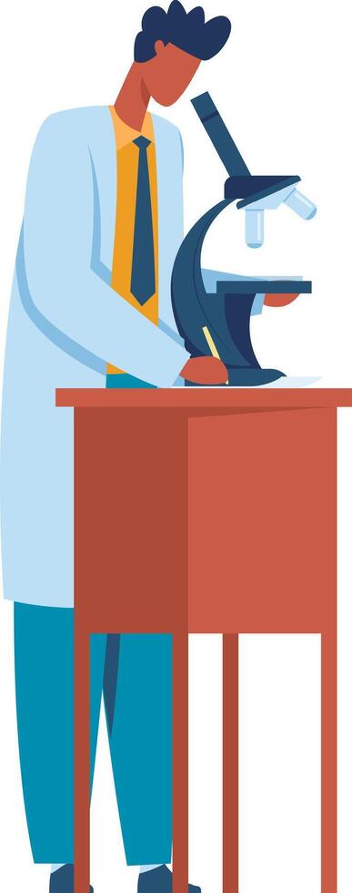 Scientist is conducting research, meticulously examining a sample through a microscope in a laboratory setting, taking notes while observing vector