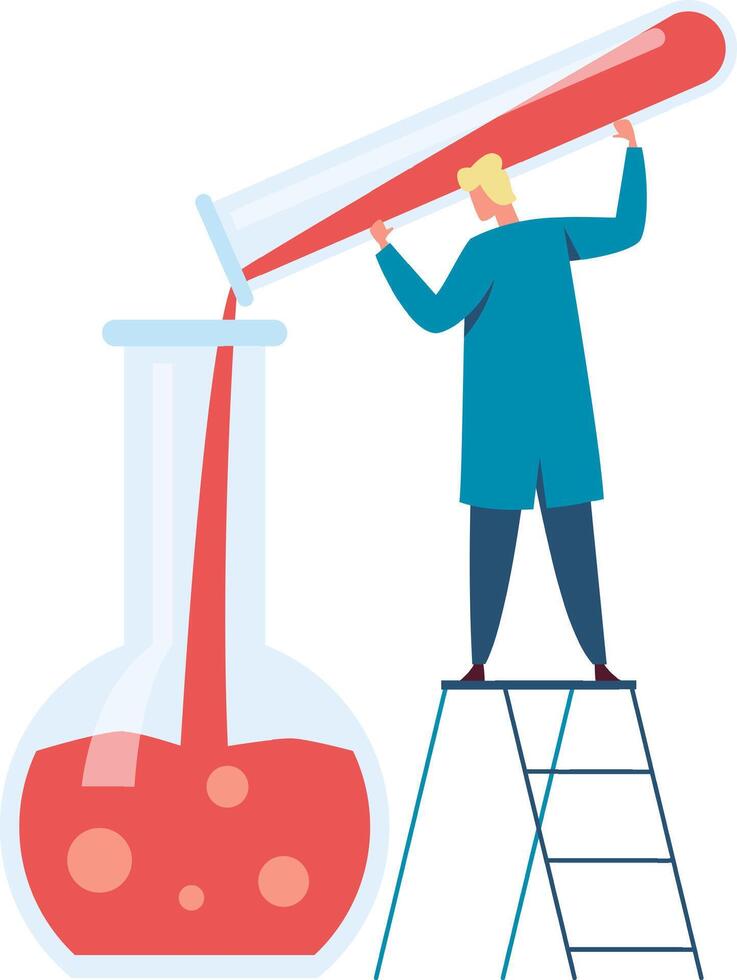 Scientist pouring red liquid into a beaker in a busy lab, showcasing precision and focus in a captivating chemistry experiment vector
