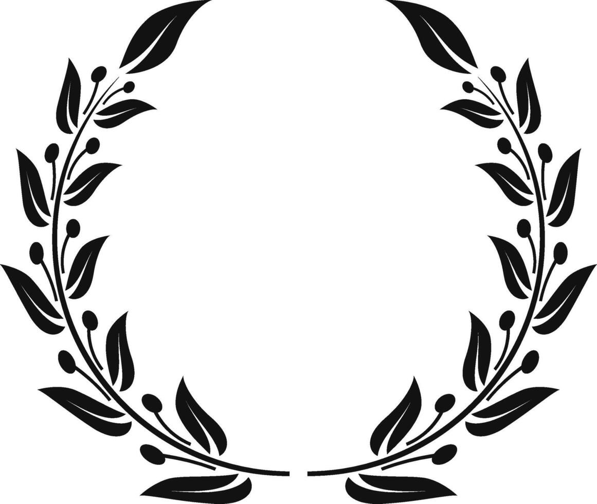 Symmetrical black and white laurel wreath creating a circular frame, featuring detailed leaves and berries, suitable for various design and decorative purposes vector