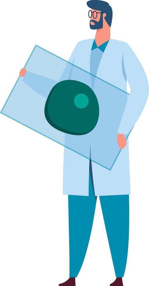Scientist wearing a lab coat and glasses holding a glass slide containing a green cell, likely conducting research or analysis in a scientific laboratory vector