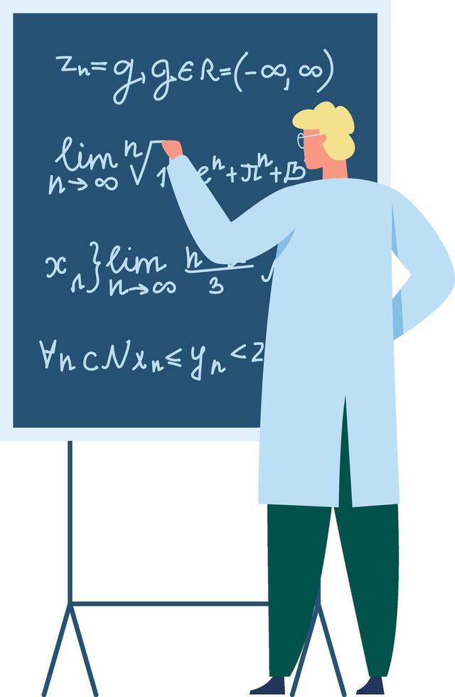 Scientist wearing lab coat and glasses writing complex mathematical formulas and limits on a blackboard during a lecture or presentation vector