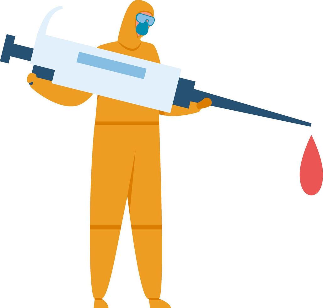 Doctor wearing a yellow hazmat suit and protective mask holding a giant syringe with a vaccine droplet, representing vaccination, healthcare, and pandemic response vector