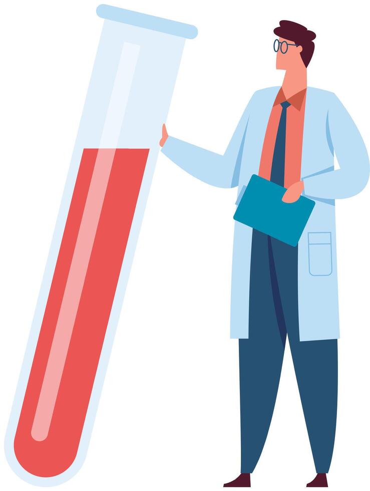 Scientist in lab coat holding a clipboard is presenting a giant test tube containing a red liquid, possibly blood, suggesting medical research or laboratory analysis vector