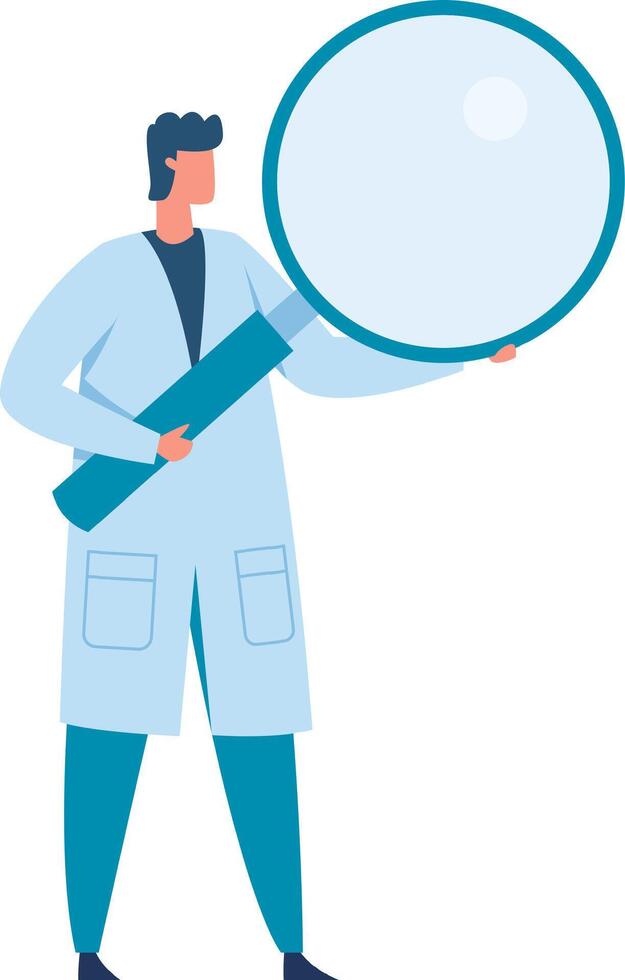 Scientist wearing a lab coat is holding a large magnifying glass, symbolizing scientific investigation, analysis, and the search for knowledge and breakthroughs vector