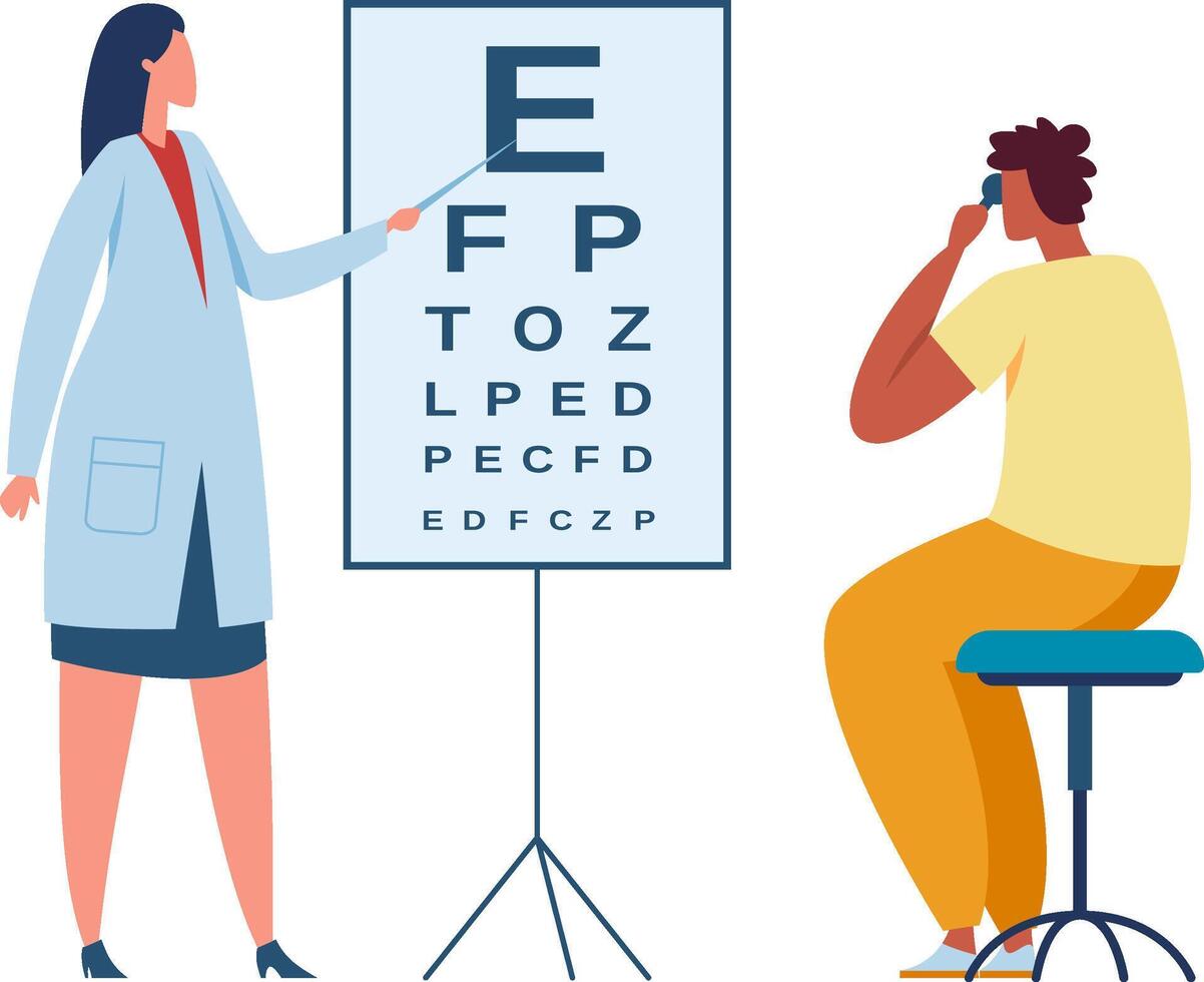 Doctor performing eye exam, checking patient vision with snellen chart, covering one eye and reading letters during medical consultation in ophthalmology clinic vector