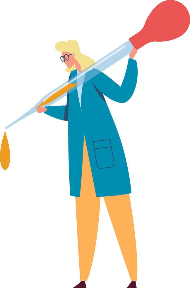 Focused female scientist in a lab coat drops orange liquid into a beaker with a giant pipette in a laboratory. Surrounded by scientific equipment. Conveying discovery and innovation in chemistry vector