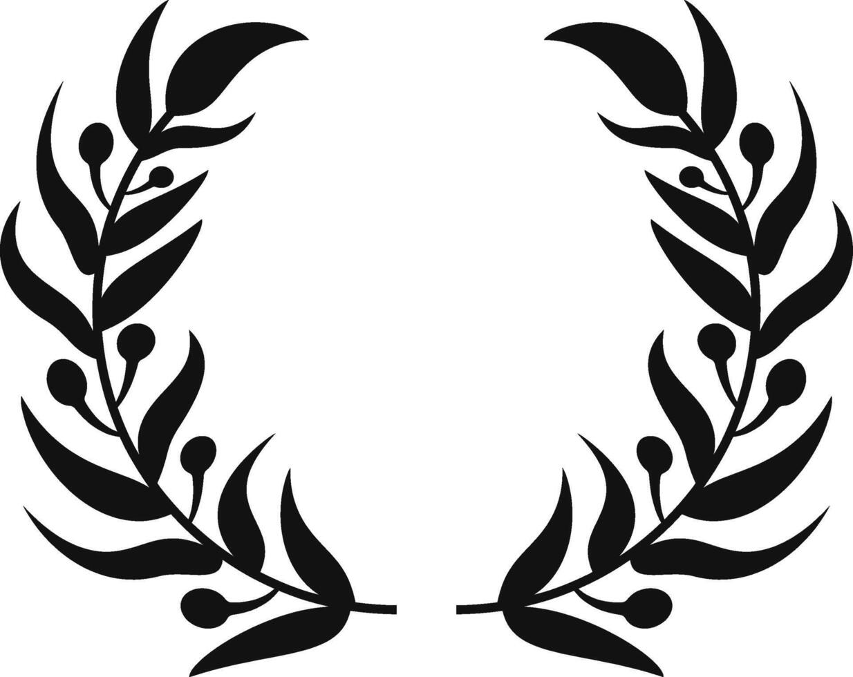Symmetrical decorative element featuring two olive branches forming a circle, adorned with berries and leaves, creating a classic laurel wreath design vector