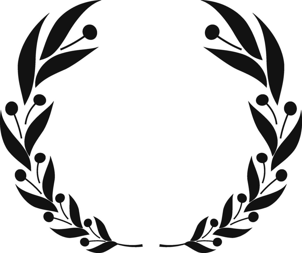 Symmetrical black and white laurel wreath creating a circular frame, adorned with berries and leaves, ideal for awards, logos, or decorative elements vector