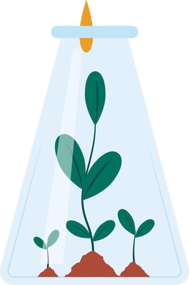 Plants growing inside a laboratory flask during an experiment with chemical drops falling from above, representing scientific research and discovery vector