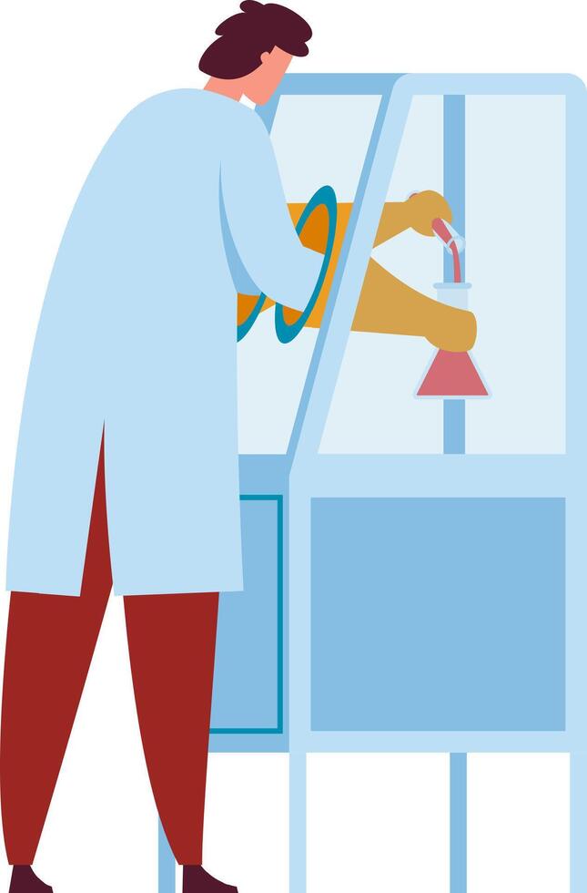 Scientist wearing lab coat pouring liquid into erlenmeyer flask performing experiment in laboratory using modern equipment and advanced technology vector