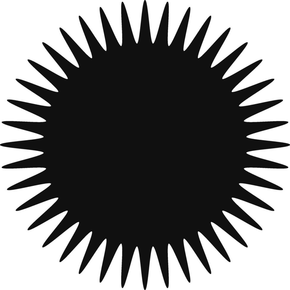 Black sun with sharp rays shining brightly, representing solar energy, summer heat, or a celestial body, creating a striking visual vector