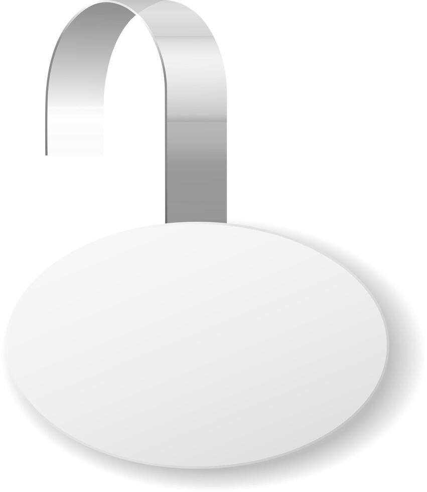 Round white wobbler hanging from a metallic strip, ideal for promoting sales, discounts, or special offers in a retail environment, creating visual appeal and attracting customer attention vector