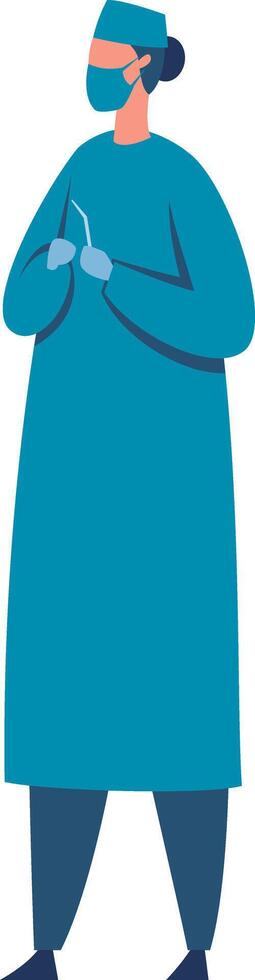 Professional female surgeon wearing a surgical gown, mask, and gloves, holding surgical instruments, standing in a confident pose, ready for surgery vector