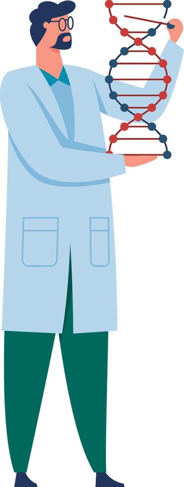 Scientist in a lab coat is carefully examining a large dna double helix model, conducting genetic research and exploring the frontiers of biotechnology vector
