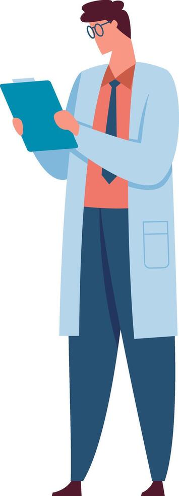 Focused doctor in glasses and lab coat reads a medical report, showing expertise and dedication in healthcare vector