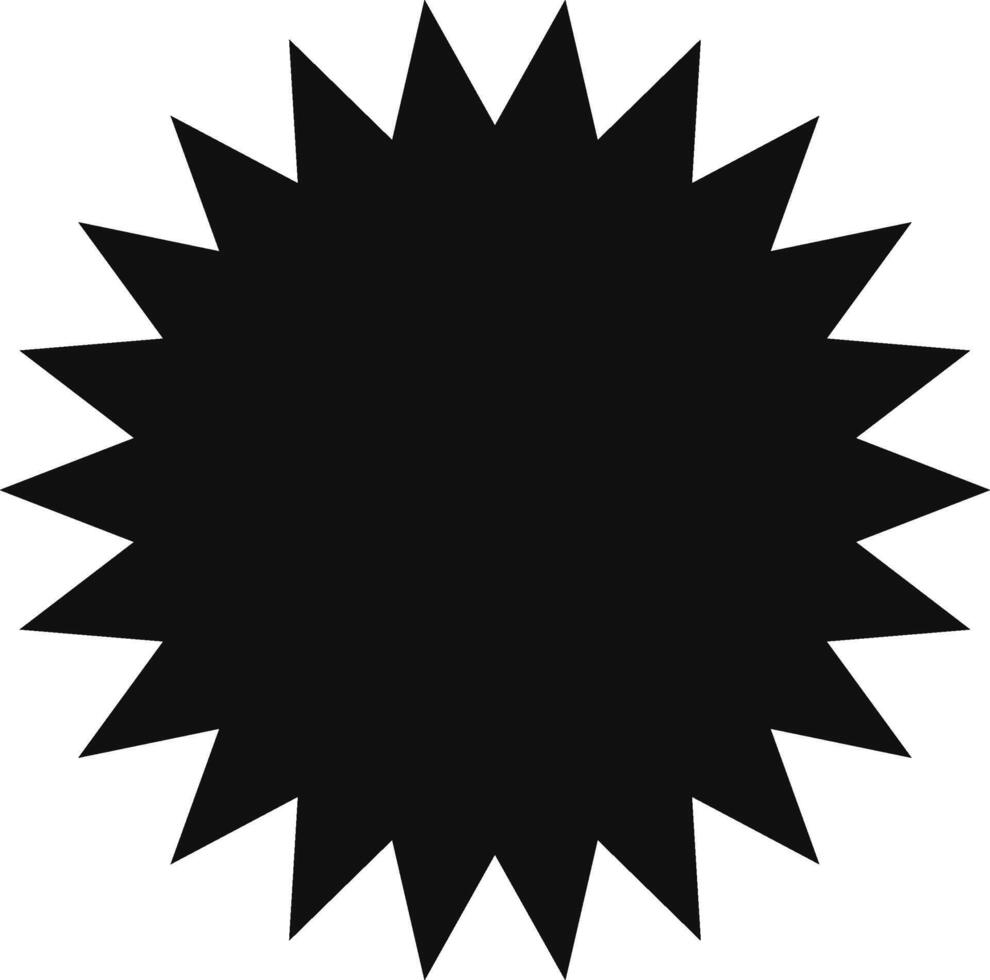 Simple black starburst shape features numerous sharp points radiating outward from a central point, creating a dynamic and eye catching design element vector