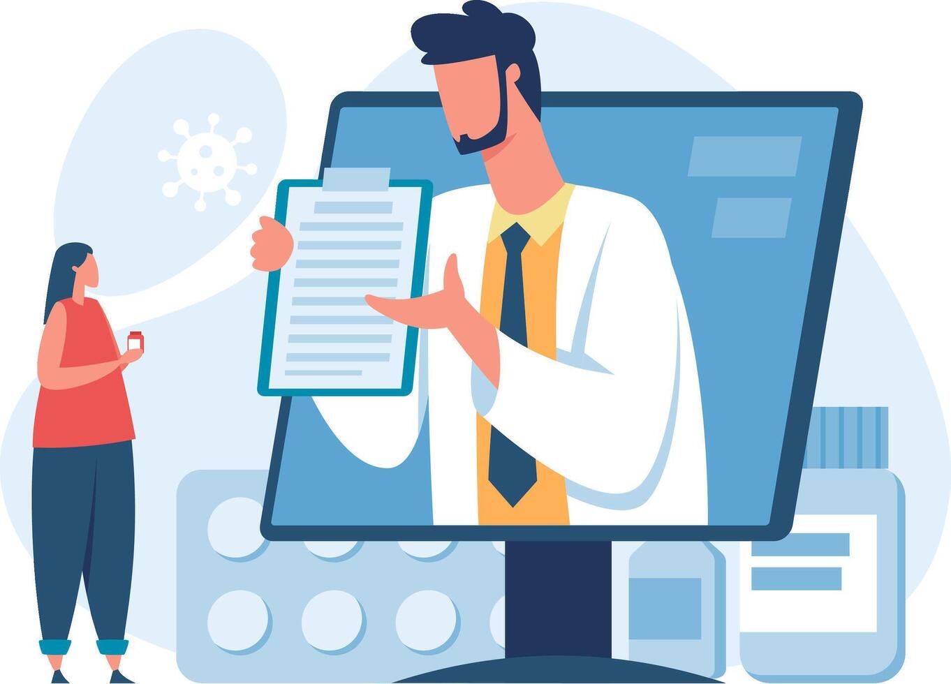 Doctor explaining prescription through call to patient holding medicine bottle, with medications and coronavirus in the background, representing online medical consultation during pandemic vector