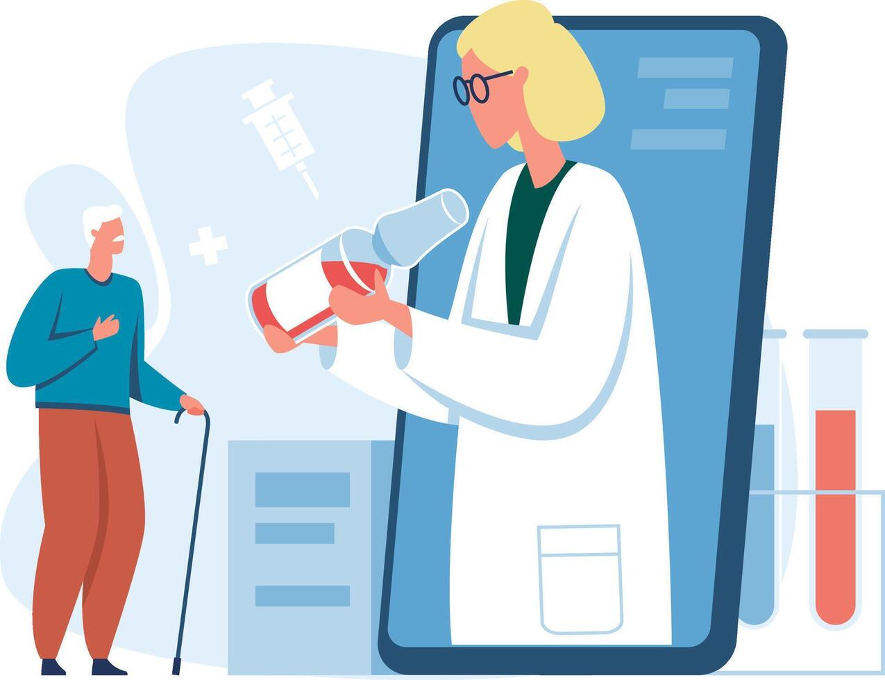 Female doctor coming out of a smartphone screen recommending medicine to elderly man holding a walking cane, symbolizing online medical consultation and healthcare support for senior citizens vector