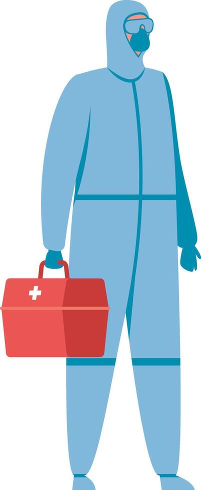 Paramedic in hazmat suit, mask, gloves, and first aid kit provides emergency medical services during a pandemic, ensuring safety and protection vector