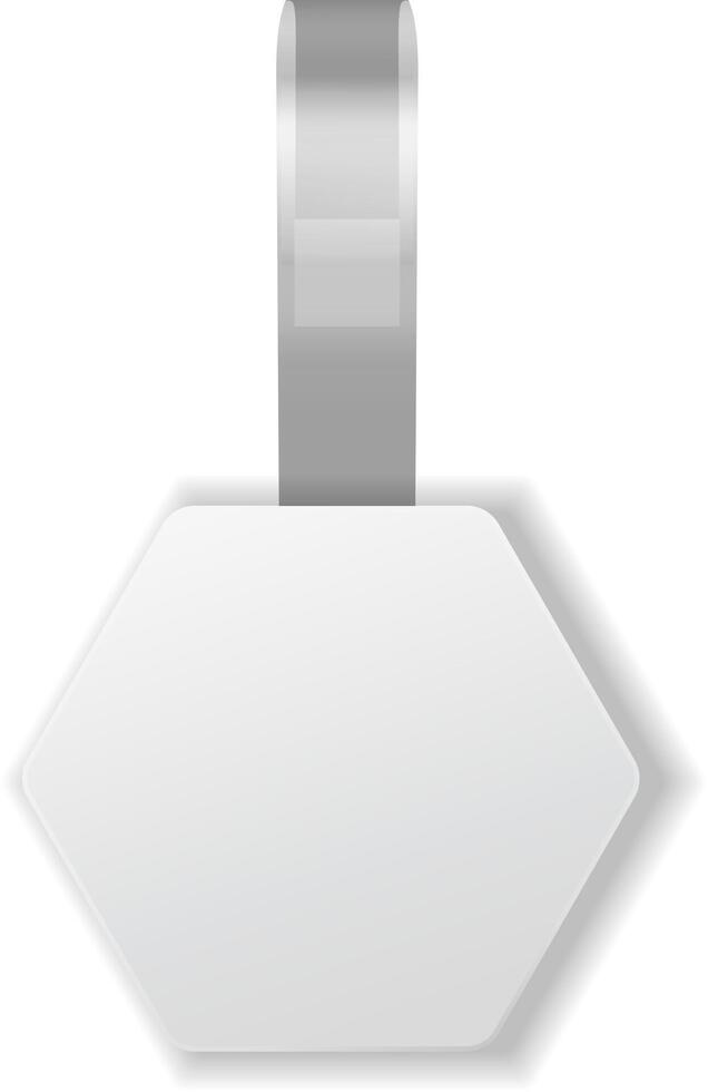 White hexagonal wobblers hanging on gray ribbons are advertising and promoting products in supermarket, creating visual appeal and attracting customers vector
