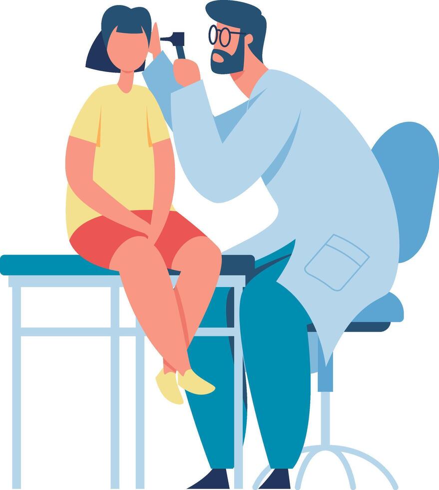 Pediatrician using otoscope for ear examination of young patient sitting on examination table during medical consultation in hospital or clinic vector